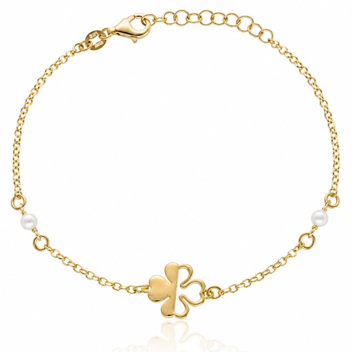 PULSERA PLATA CHAPADA EN ORO TREBOL + PERLAS