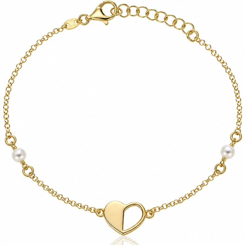 PULSERA PLATA CHAPADA EN ORO CORAZON + PERLAS