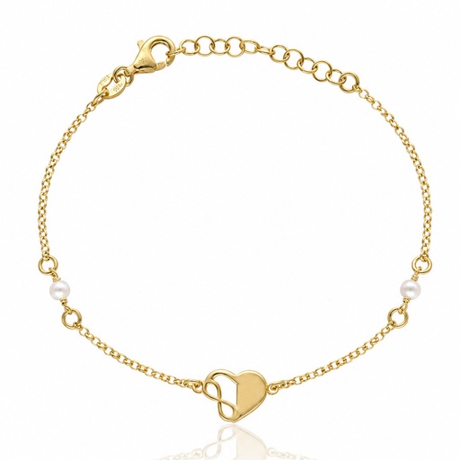 PULSERA PLATA CHAPADA EN ORO CORAZON + INFINITO + PERLAS